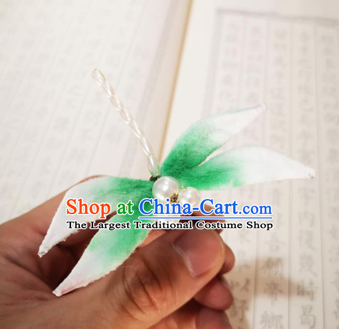 Chinese Ancient Princess Green Velvet Dragonfly Hairpins Hair Accessories Handmade Qing Dynasty Court Pearls Hair Stick