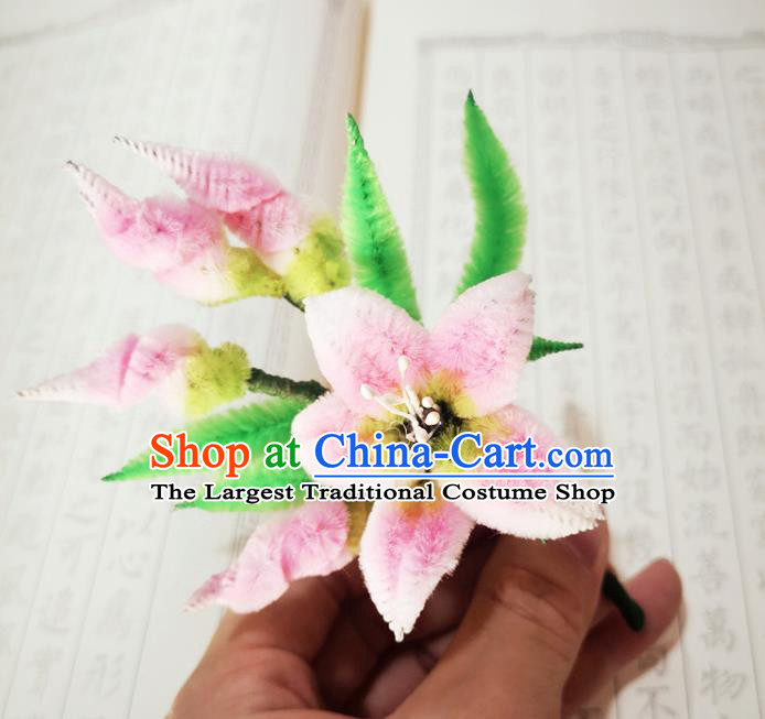 Chinese Ancient Princess Pink Velvet Flowers Hairpins Hair Accessories Handmade Qing Dynasty Court Lily Flowers Hair Stick