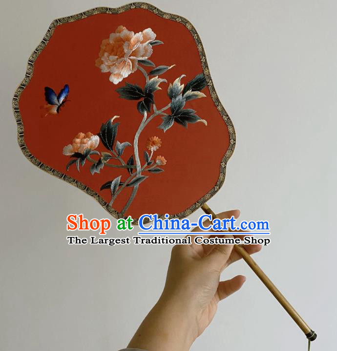 Chinese Classical Ancient Hanfu Red Silk Fan Ming Dynasty Princess Embroidered Peony Butterfly Palace Fans