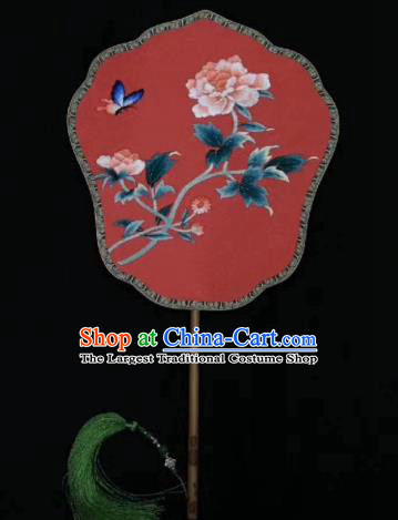 Chinese Classical Ancient Hanfu Red Silk Fan Ming Dynasty Princess Embroidered Peony Butterfly Palace Fans