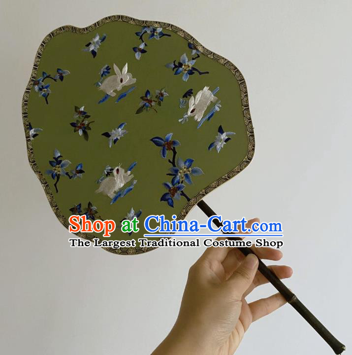 Chinese Classical Ancient Hanfu Peach Shape Green Silk Fan Ming Dynasty Princess Embroidered Rabbits Palace Fans