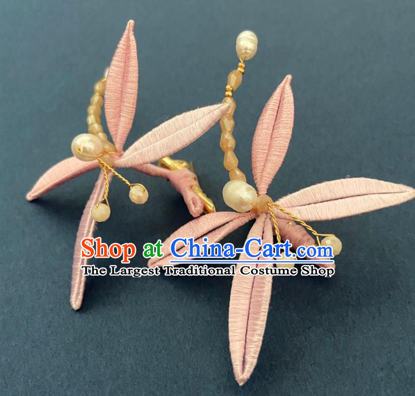 Chinese Ancient Princess Beads Hairpins Hair Accessories Handmade Song Dynasty Pink Silk Dragonfly Hair Sticks
