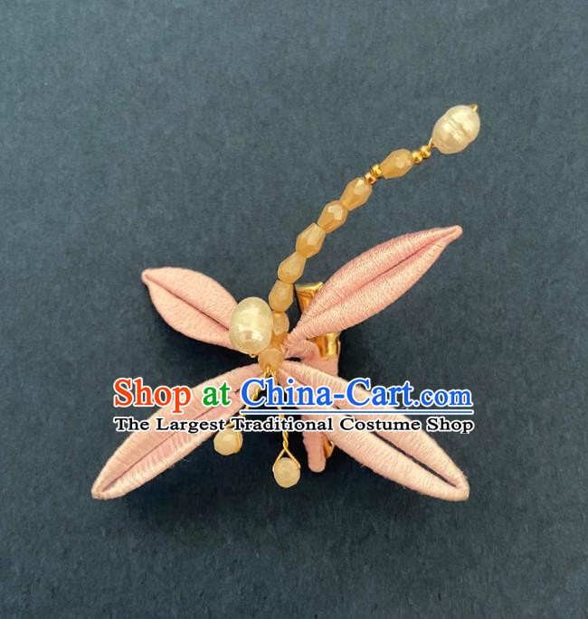 Chinese Ancient Princess Beads Hairpins Hair Accessories Handmade Song Dynasty Pink Silk Dragonfly Hair Sticks