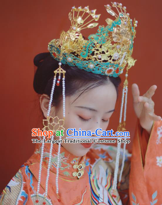 Chinese Ancient Bride Wedding Hairpins Hair Accessories Handmade Ming Dynasty Blueing Phoenix Coronet Full Set