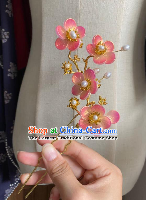 Chinese Ancient Princess Golden Hairpin Hanfu Hair Accessories Women Handmade Pink Plum Flowers Hair Comb