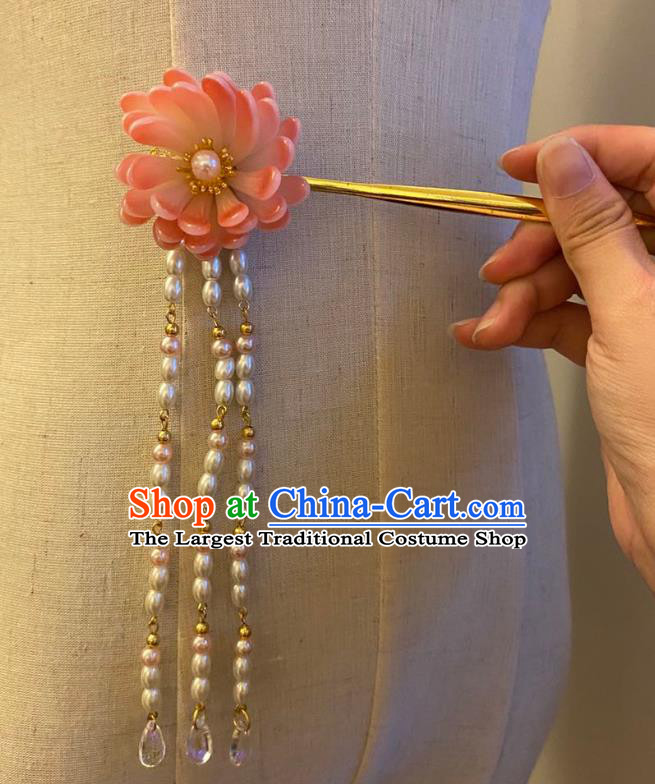 Chinese Ancient Princess Pearls Tassel Hairpin Hanfu Hair Accessories Women Handmade Pink Peony Hair Clip