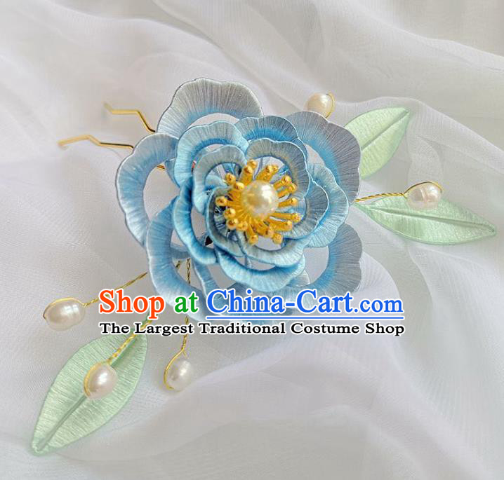 Chinese Ancient Princess Pearls Flower Hairpins Hair Accessories Handmade Hanfu Blue Silk Rose Hair Clip