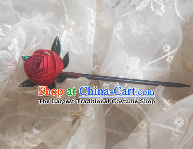 Chinese Ancient Princess Wood Hairpins Hair Accessories Handmade Hanfu Red Silk Rose Hair Stick