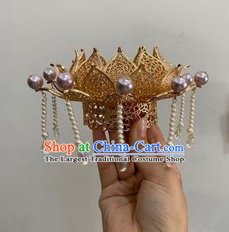 Chinese Ancient Princess Beads Tassel Hairpins Hair Accessories Women Handmade Hanfu Tang Dynasty Golden Lotus Hair Crown