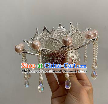 Chinese Ancient Princess Beads Tassel Argent Hairpins Hair Accessories Women Handmade Hanfu Tang Dynasty Lotus Hair Crown