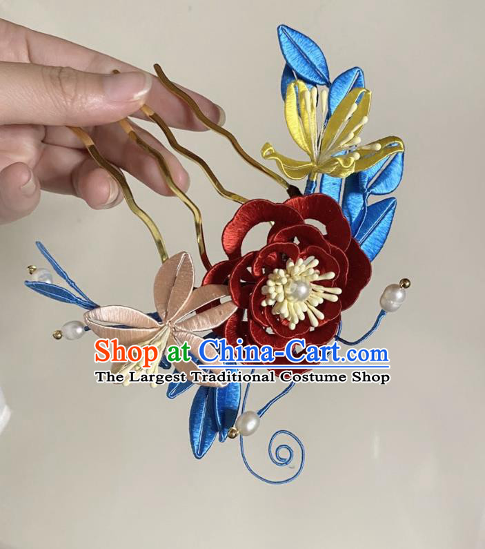 Chinese Ancient Princess Silk Flowers Hairpins Hair Accessories Handmade Hanfu Red Rose Hair Comb