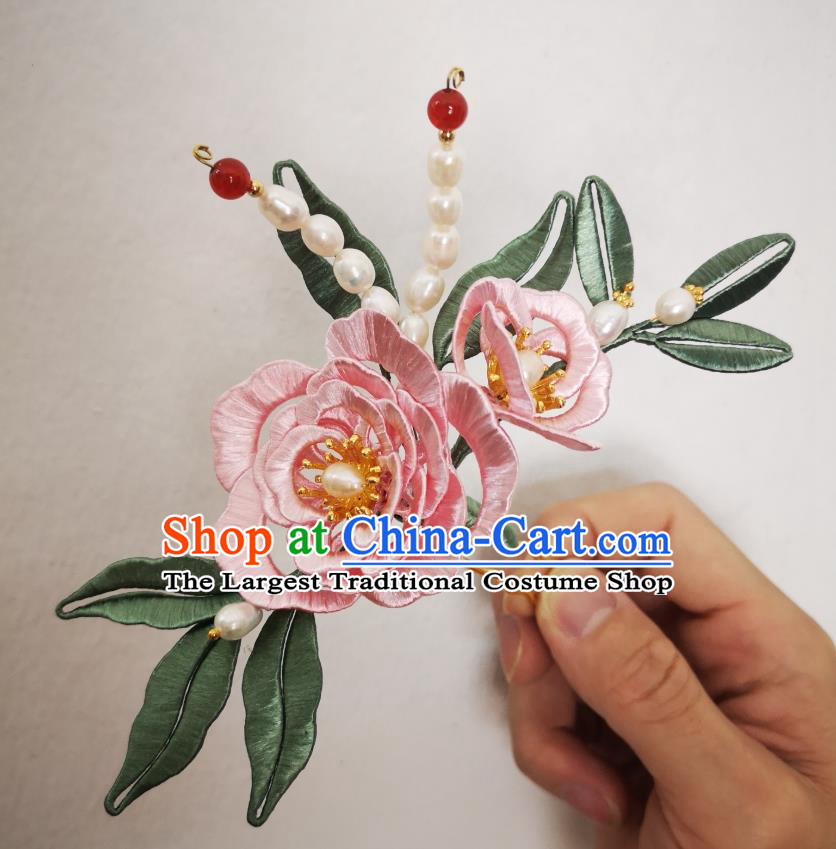 Chinese Ancient Princess Pearls Hairpins Hair Accessories Handmade Hanfu Pink Silk Rose Hair Comb