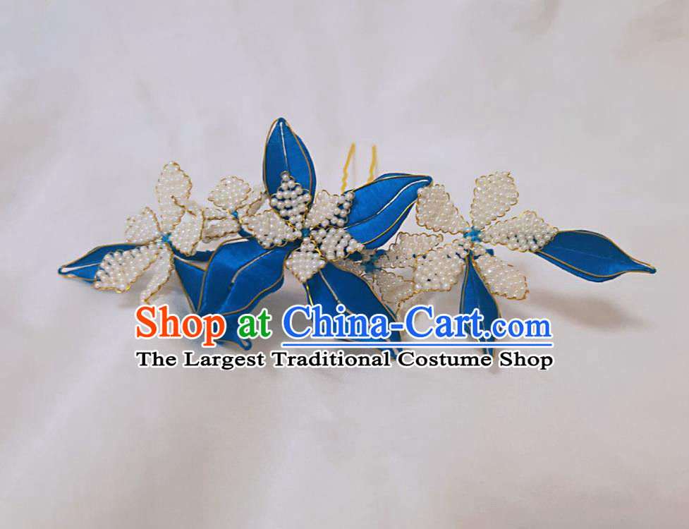 Chinese Ancient Princess Beads Hairpins Hair Accessories Handmade Hanfu Blue Silk Flowers Hair Comb