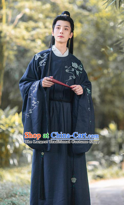 Chinese Ancient Scholar Hanfu Apparels Traditional Costumes Ming Dynasty Noble Prince Garment Embroidered Navy Blue Robe