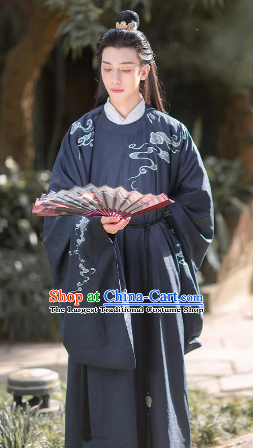 Chinese Ancient Scholar Hanfu Apparels Traditional Costumes Ming Dynasty Noble Prince Garment Embroidered Navy Blue Robe