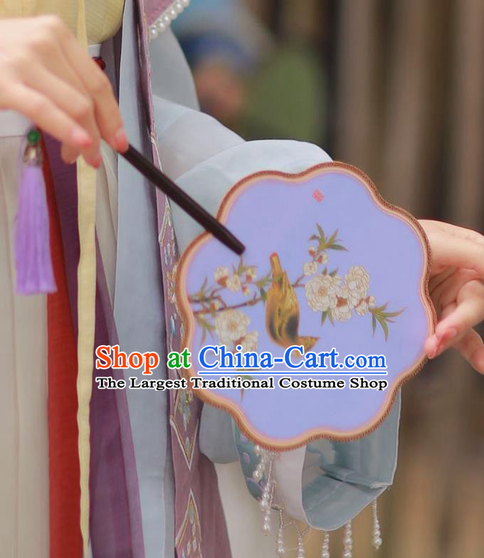 Chinese Classical Lilac Silk Palace Fan Ancient Palace Lady Fans Accessories Song Dynasty Princess Hand Painting Flowers Bird Ebony Fans