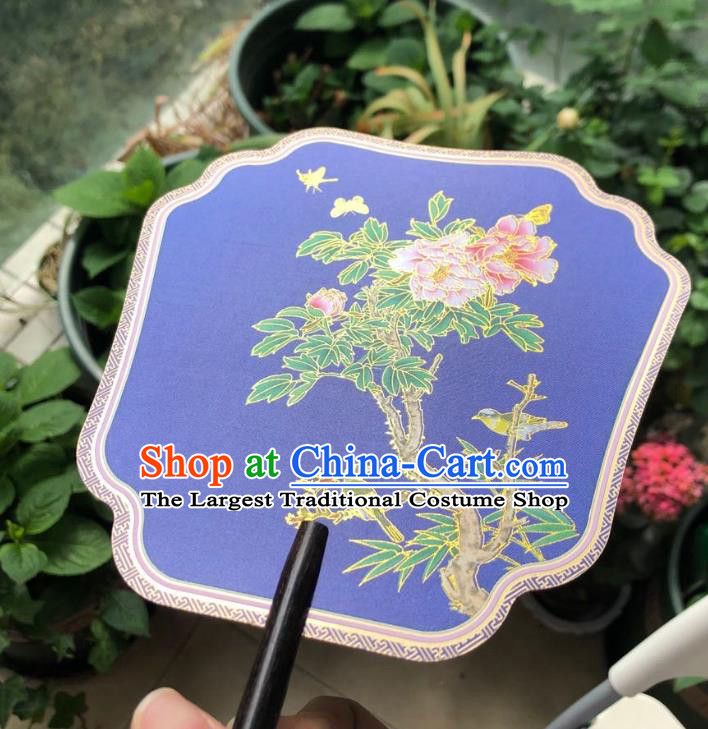 Chinese Classical Royalblue Silk Palace Fan Ancient Palace Lady Fans Accessories Song Dynasty Princess Painting Peony Fans