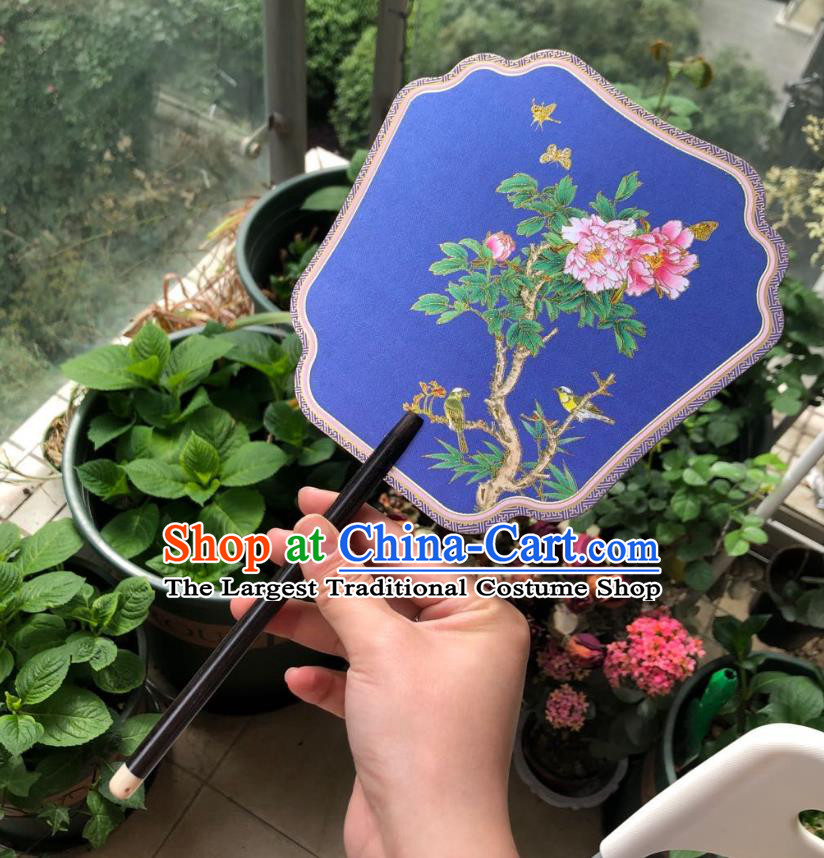 Chinese Classical Royalblue Silk Palace Fan Ancient Palace Lady Fans Accessories Song Dynasty Princess Painting Peony Fans