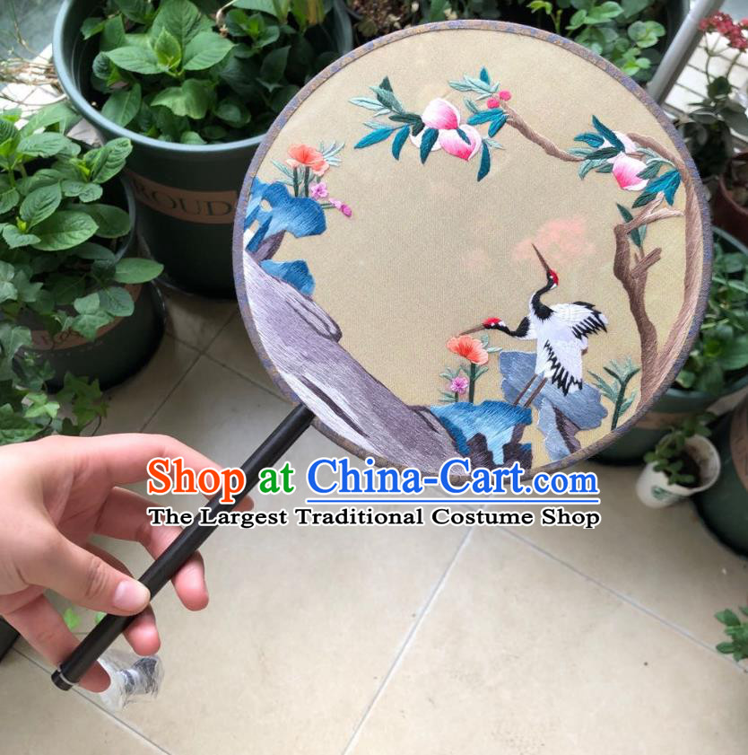 Chinese Classical Beige Silk Palace Fan Ancient Song Dynasty Princess Embroidered Cranes Peach Round Fans Accessories
