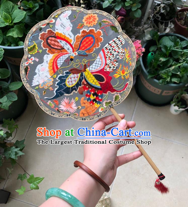 Chinese Classical Grey Silk Palace Fan Ancient Song Dynasty Princess Embroidered Butterfly Fans Accessories