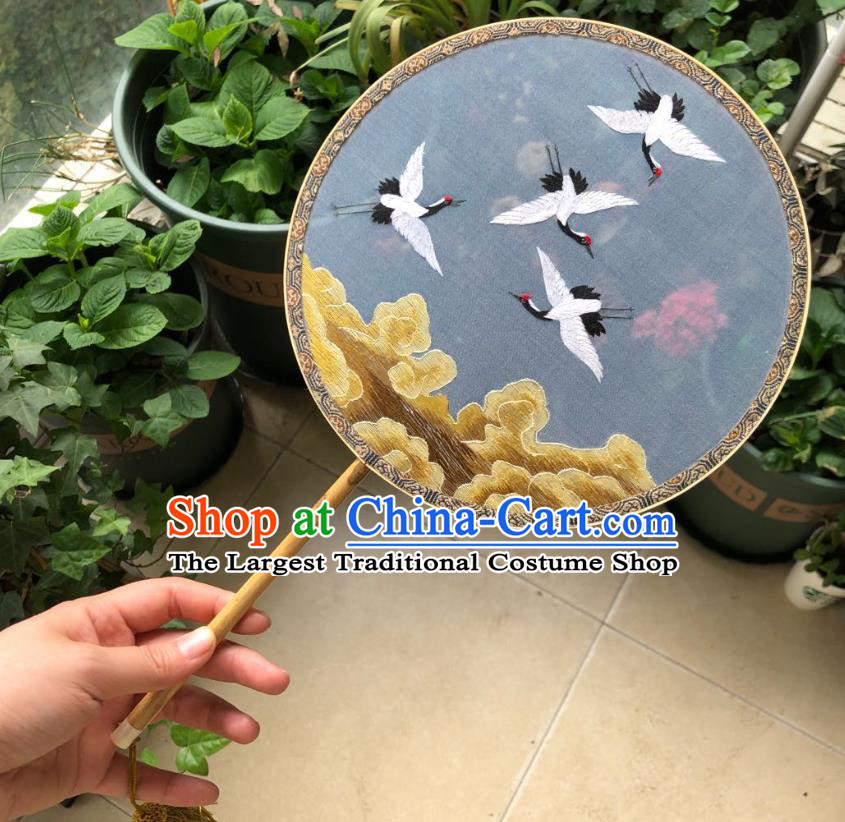 Chinese Classical Blue Silk Palace Fan Ancient Song Dynasty Princess Embroidered Cloud Cranes Fans Accessories