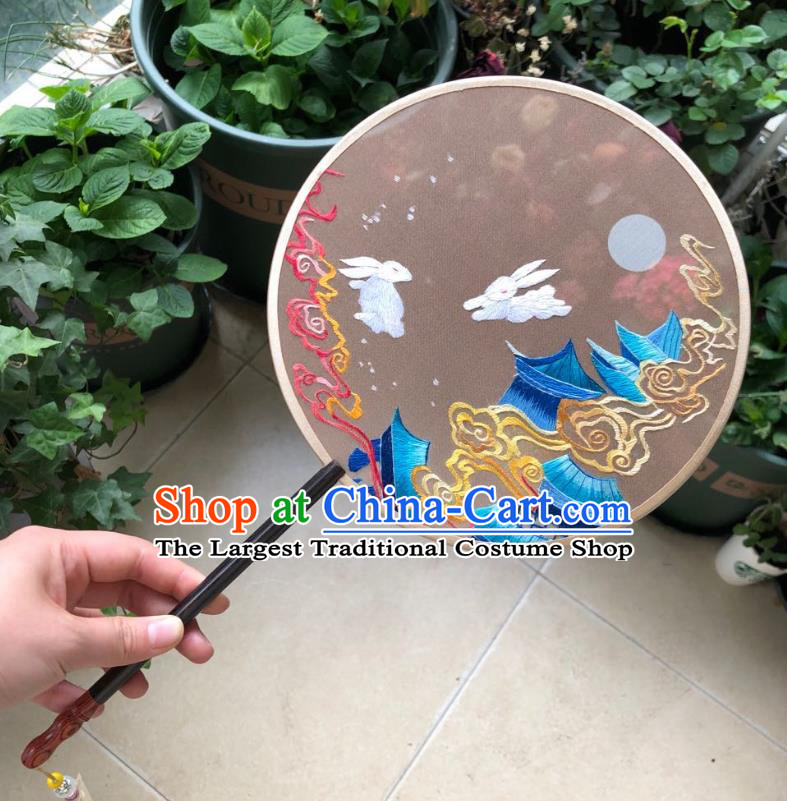 Chinese Classical Brown Silk Palace Fan Ancient Song Dynasty Princess Embroidered Moon Court Rabbits Round Fans Accessories