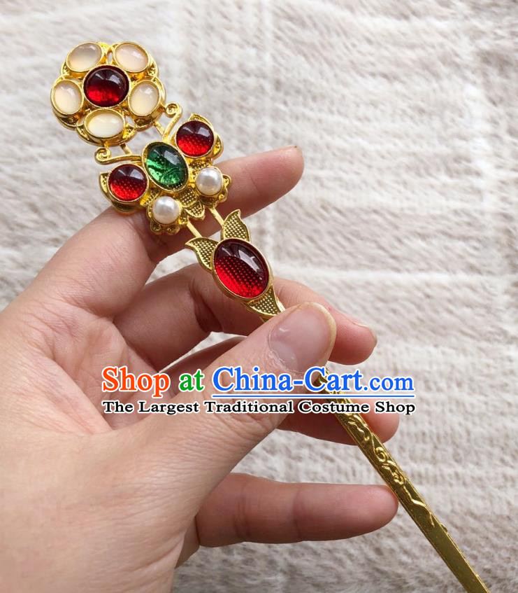 Chinese Ancient Empress Golden Hairpins Hair Accessories Handmade Ming Dynasty Court Garnet Hair Stick