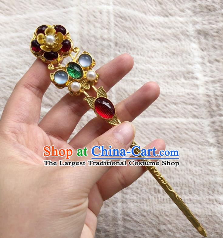 Chinese Ancient Empress Garnet Hairpins Hair Accessories Handmade Ming Dynasty Court Aquamarine Golden Hair Stick
