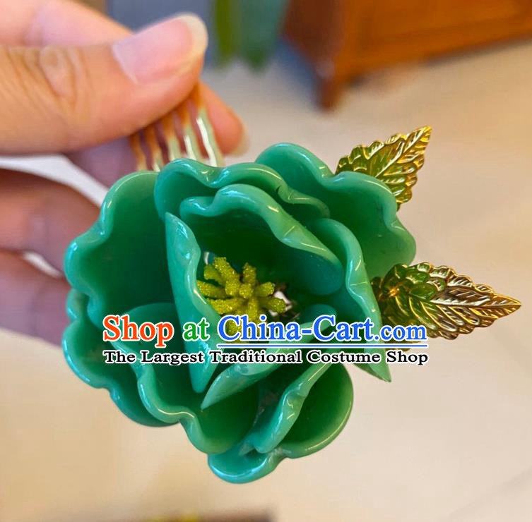 Chinese Ancient Palace Lady Flower Hairpins Hair Accessories Handmade Green Plastic Peony Hair Comb