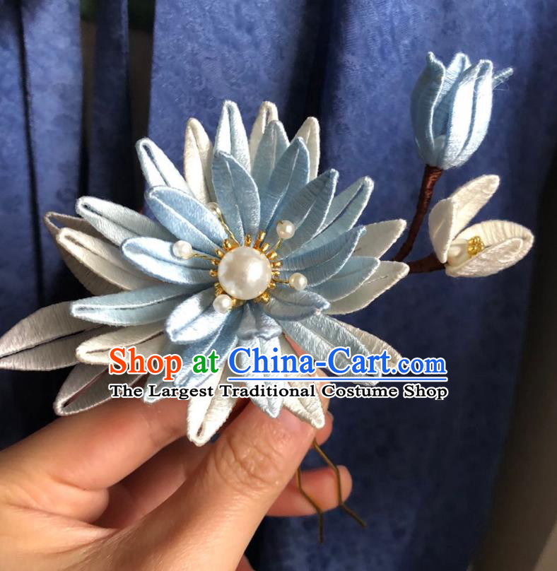 Chinese Ancient Court Lady Blue Silk Chrysanthemum Hairpins Hair Accessories Handmade Tang Dynasty Hair Stick