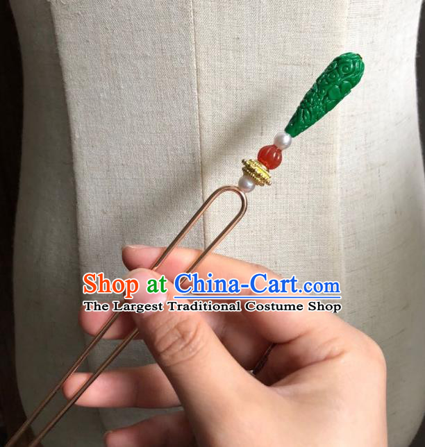 Chinese Ancient Empress Agate Hairpins Hair Accessories Handmade Ming Dynasty Court Green Hair Stick