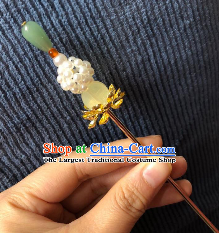 Chinese Ancient Palace Empress Pearls Hairpins Hair Accessories Handmade Ming Dynasty Court Aventurine Hair Stick