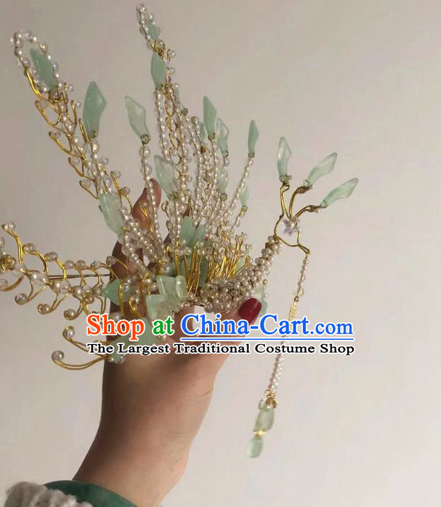 Chinese Ancient Imperial Concubine Pearls Tassel Hairpins Hair Accessories Handmade Ming Dynasty Court Green Tail Phoenix Hair Crown