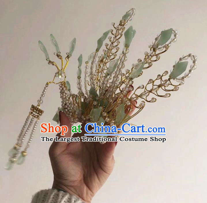 Chinese Ancient Imperial Concubine Pearls Tassel Hairpins Hair Accessories Handmade Ming Dynasty Court Green Tail Phoenix Hair Crown