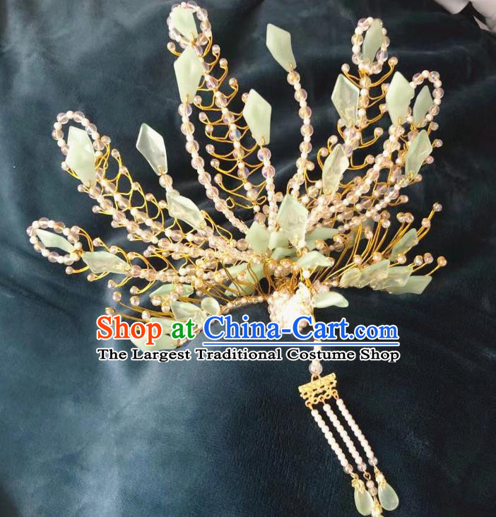 Chinese Ancient Imperial Concubine Pearls Tassel Hairpins Hair Accessories Handmade Ming Dynasty Court Green Tail Phoenix Hair Crown