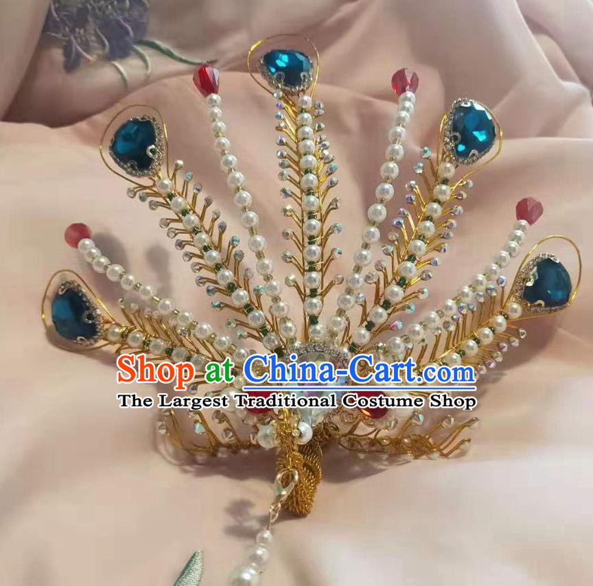 Chinese Ancient Imperial Empress Blue Crystal Hairpins Hair Accessories Handmade Ming Dynasty Court Beads Golden Phoenix Hair Crown