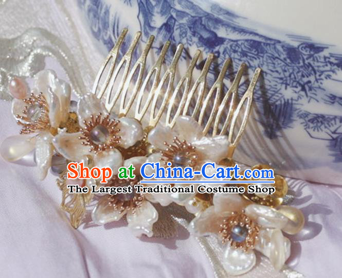 Chinese Ancient Princess Pearls Hairpins Hair Accessories Handmade Ming Dynasty Shell Plum Hair Comb