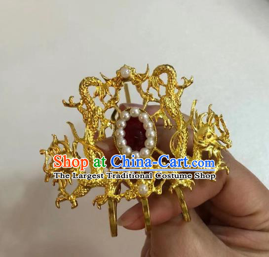 Chinese Ancient Empress Agate Golden Dragons Hair Comb Hairpins Hair Accessories Handmade Ming Dynasty Palace Pearls Hair Crown