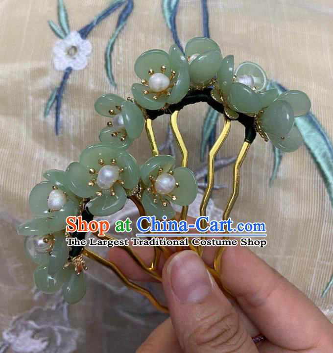 Chinese Ancient Palace Lady Green Plum Blossom Hairpins Hair Accessories Handmade Ming Dynasty Hair Combs