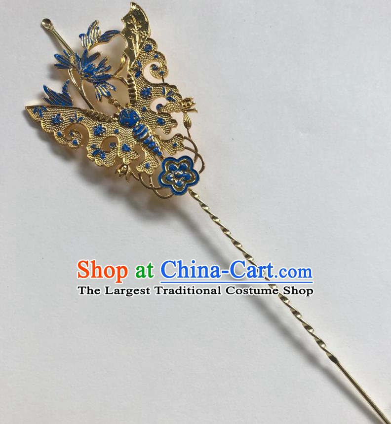 Chinese Ancient Palace Lady Blueing Butterfly Hairpins Hair Accessories Handmade Ming Dynasty Queen Golden Curette Hair Stick