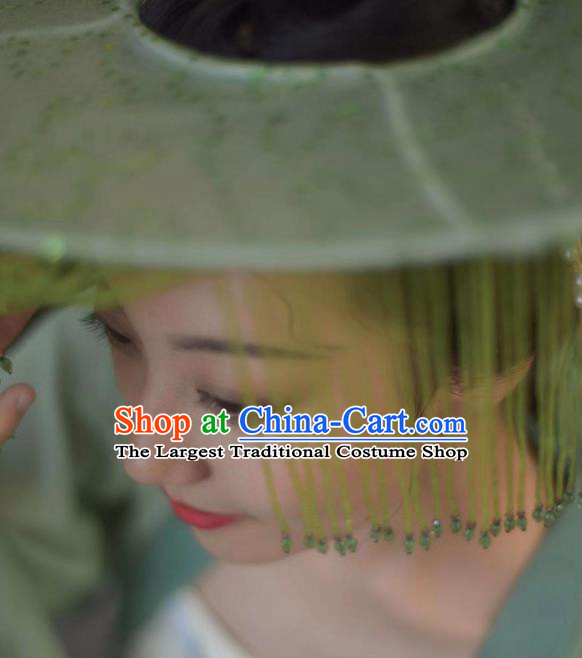Chinese Classical Ancient Princess Green Beads Tassel Hat Ancient Song Dynasty Swordswoman Headwear