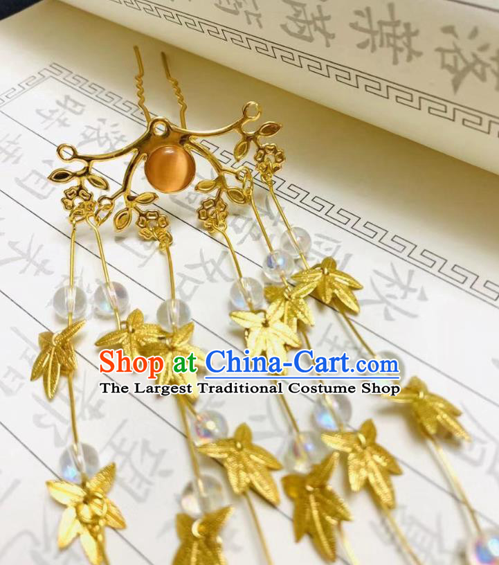 Chinese Ancient Empress Golden Maple Leaf Tassel Hair Clasp Hairpins Hair Accessories Handmade Ming Dynasty Palace Hair Stick