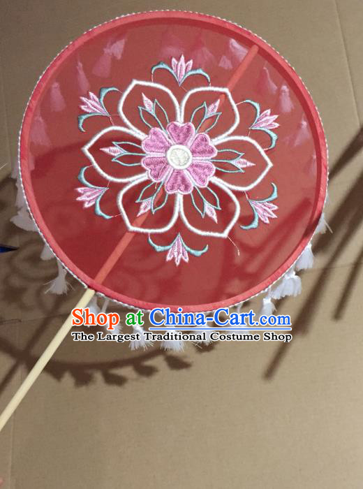 Chinese Classical Wedding Red Silk Fans Handmade Tassel Round Fan Ancient Tang Dynasty Princess Hanfu Embroidered Palace Fan
