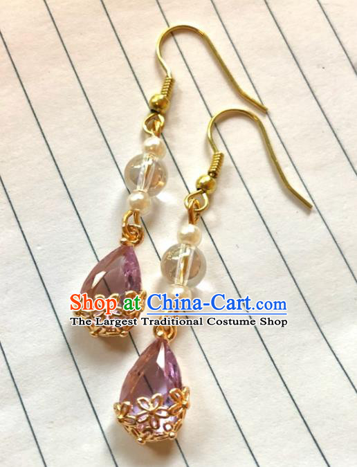 Handmade Chinese Classical Eardrop Ear Accessories Ancient Ming Dynasty Princess Hanfu Purple Crystal Earrings