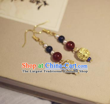 Handmade Chinese Classical Golden Eardrop Ear Accessories Ancient Ming Dynasty Princess Hanfu Garnet Earrings