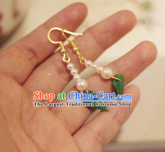 Handmade Chinese Classical Jadeite Leaf Eardrop Ear Accessories Ancient Ming Dynasty Princess Hanfu Pearls Earrings