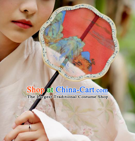 Chinese Classical Landscape Painting Red Silk Fans Handmade Fan Ancient Ming Dynasty Princess Hanfu Palace Fan