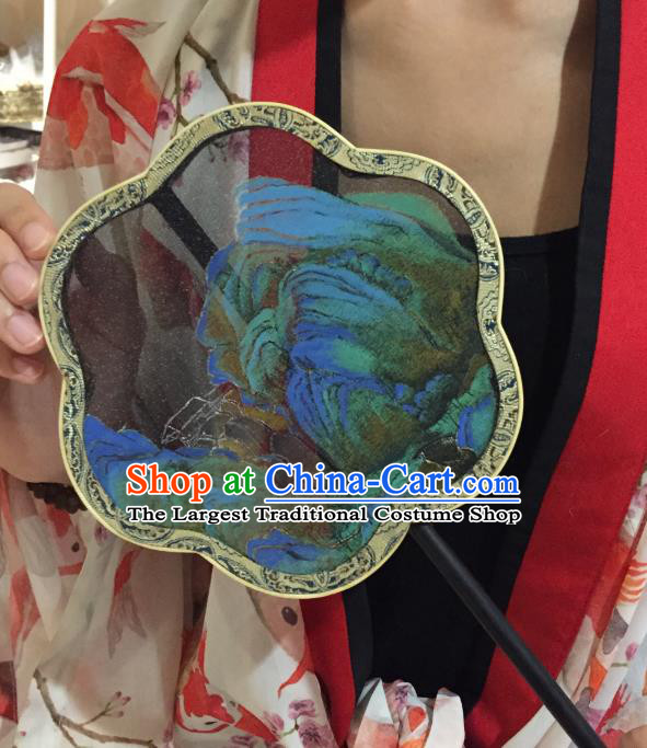 Chinese Classical Landscape Painting Fans Handmade Fan Ancient Ming Dynasty Princess Hanfu Black Silk Palace Fan