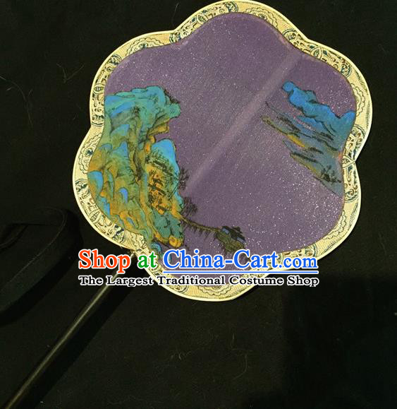 Chinese Classical Purple Silk Mountain View Painting Fans Handmade Fan Ancient Ming Dynasty Princess Hanfu Landscape Palace Fan