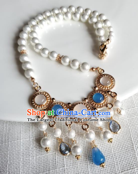 Chinese Handmade Chalcedony Necklet Classical Jewelry Accessories Ancient Princess Hanfu Gems Pearls Tassel Necklace for Women